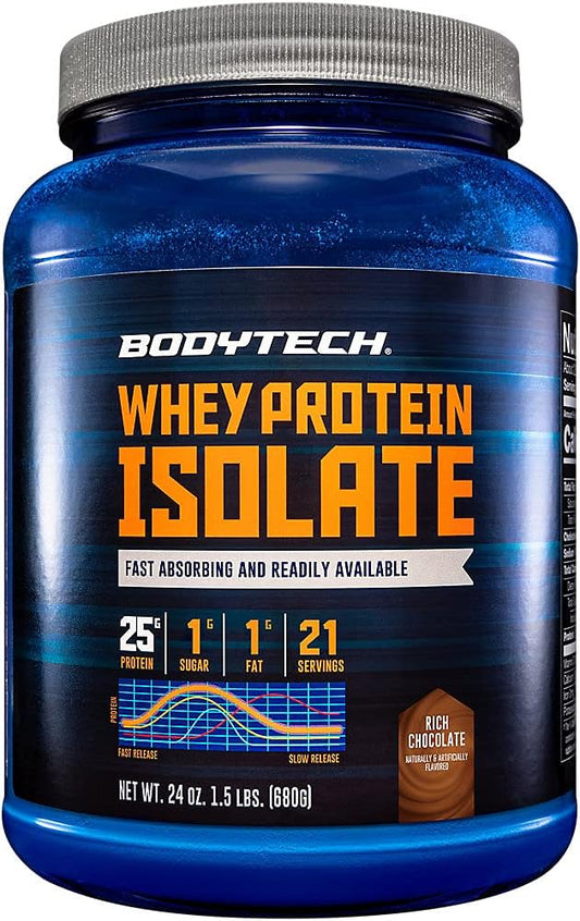 25g Protein BodyTech Whey Isolate Powder for Post-Workout Muscle Growth - Rich Chocolate Flavor, 1.5 lb.