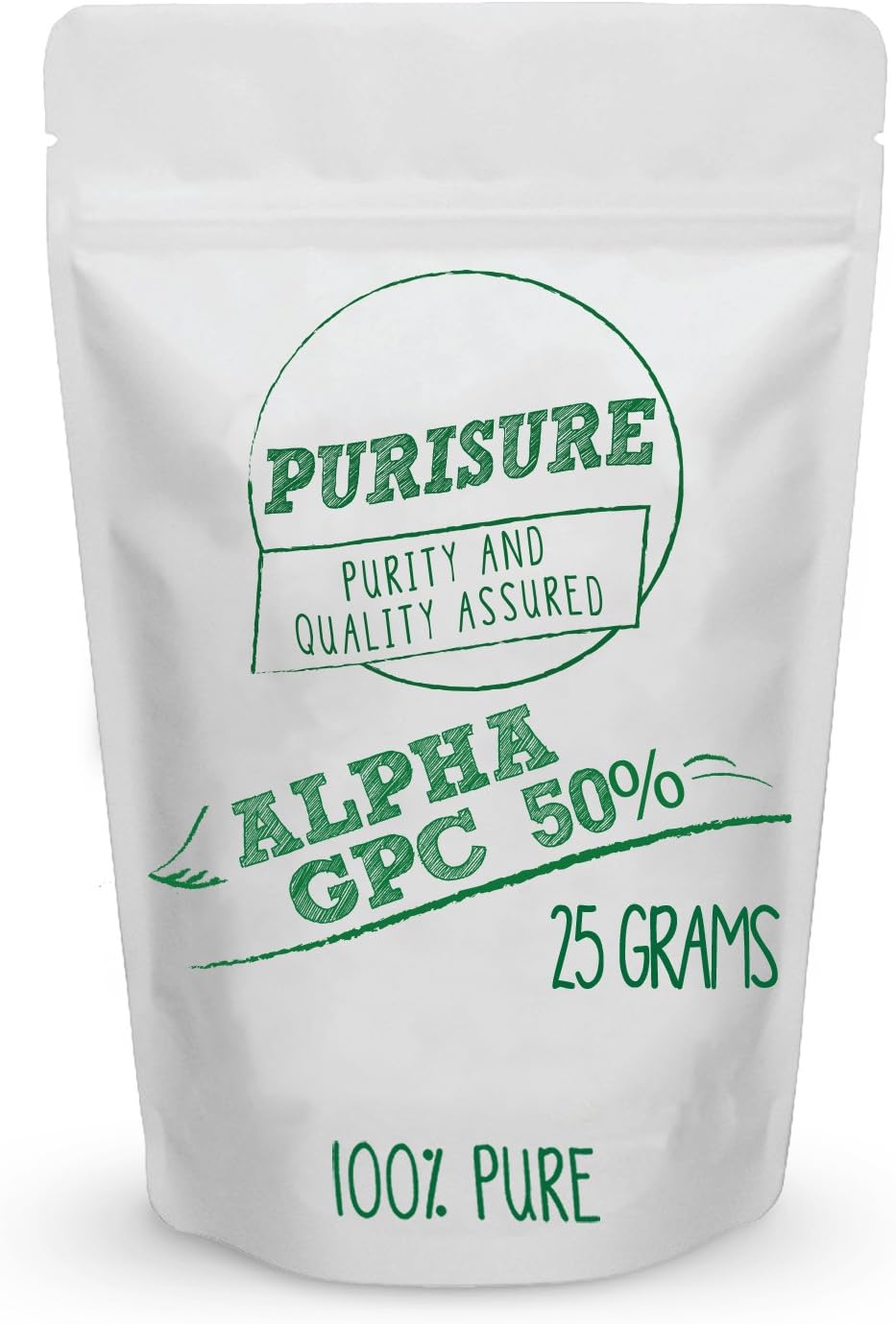25g Purisure Alpha GPC 50% Powder: Pure Brain Supplement for Memory, Focus & Concentration with CDP Choline - Non-GMO, No Fillers - 42 Servings