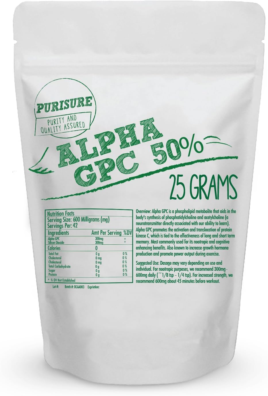 25g Purisure Alpha GPC 50% Powder: Pure Brain Supplement for Memory, Focus & Concentration with CDP Choline - Non-GMO, No Fillers - 42 Servings