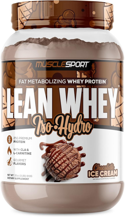 25g Whey Protein Isolate Powder - Low Calorie, Low Carb, Low Fat - 2lb Chocolate Ice Cream Flavor - Musclesport Lean Whey Revolution™