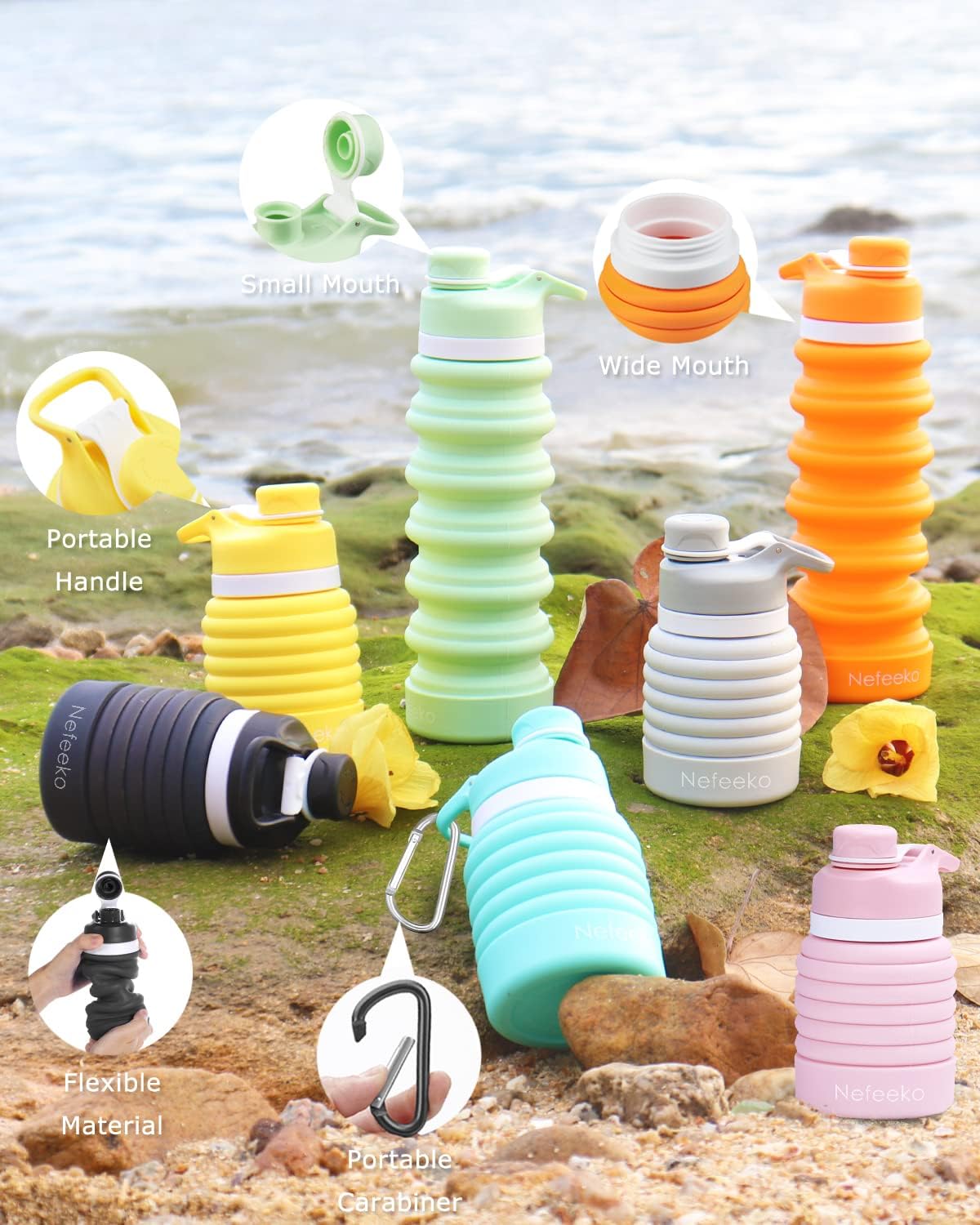 26oz Nefeeko Collapsible Water Bottle - Leakproof Silicone Foldable BPA-Free Bottle with Carabiner for Travel, Camping, Hiking - Portable Sport Bottle for Indoor and Outdoor Activities
