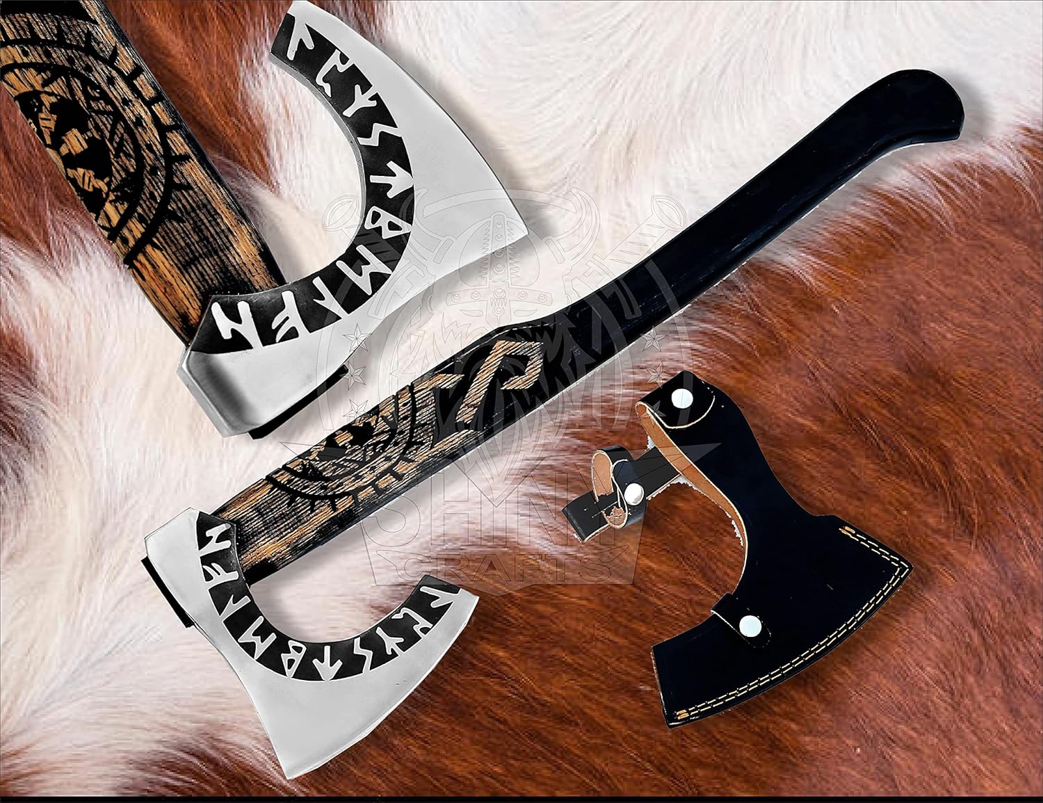 27" Viking Axe Hatchet with Helm of Awe Carving - Forged Steel Tomahawk with Runic Engraving and Leather Sheath (SCA-11)