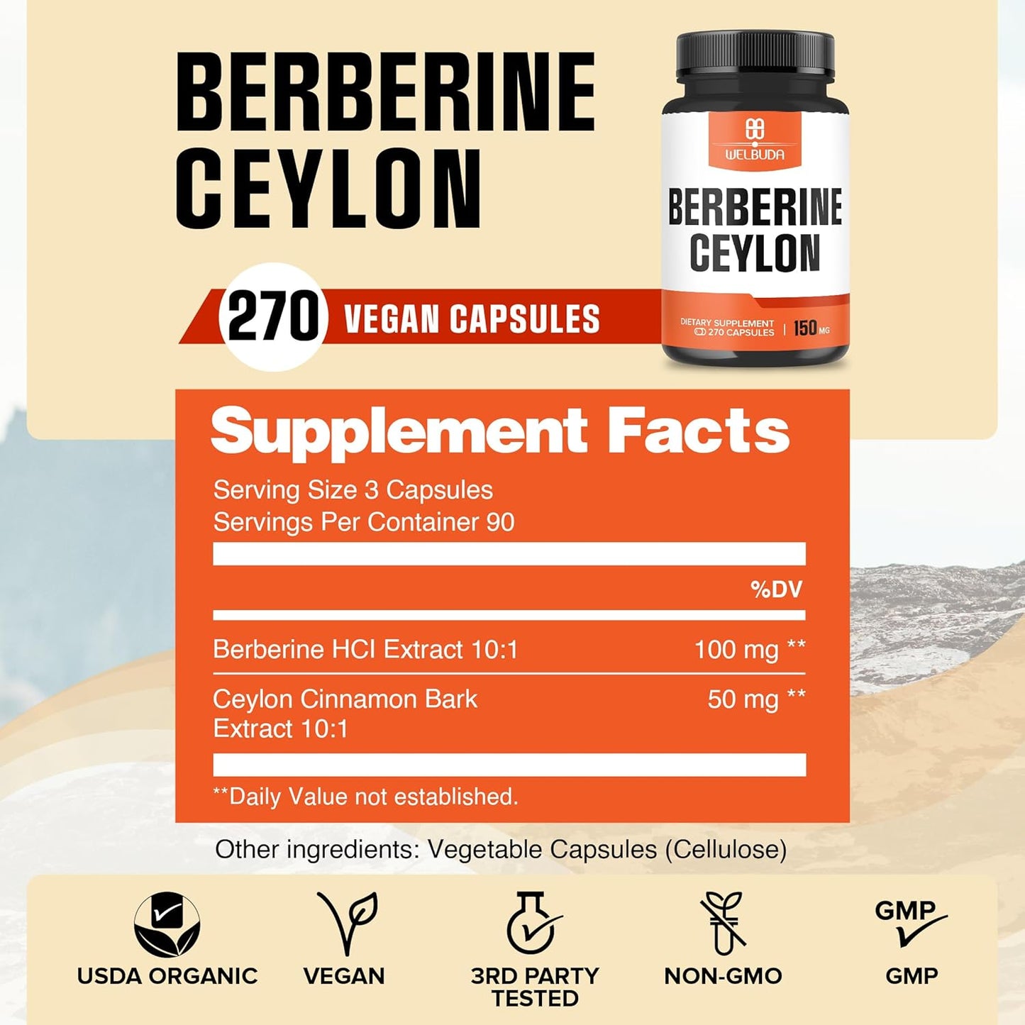 270 Capsules of WELBUDA Berberine & Ceylon Cinnamon Supplement - 1000mg Berberine & 500mg Ceylon Cinnamon - Promotes Circulatory Health, Immune System, Digestion & Body Management