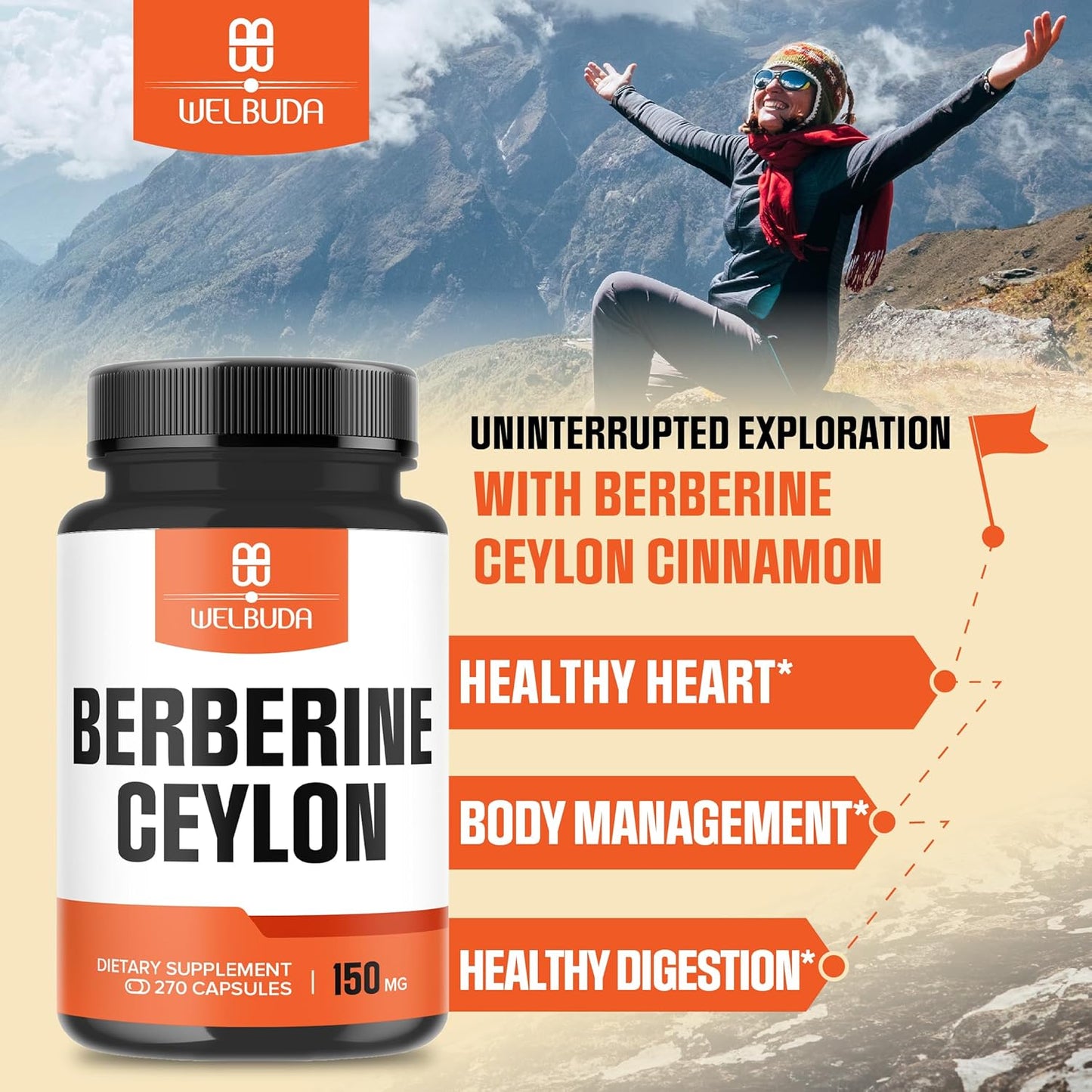270 Capsules of WELBUDA Berberine & Ceylon Cinnamon Supplement - 1000mg Berberine & 500mg Ceylon Cinnamon - Promotes Circulatory Health, Immune System, Digestion & Body Management