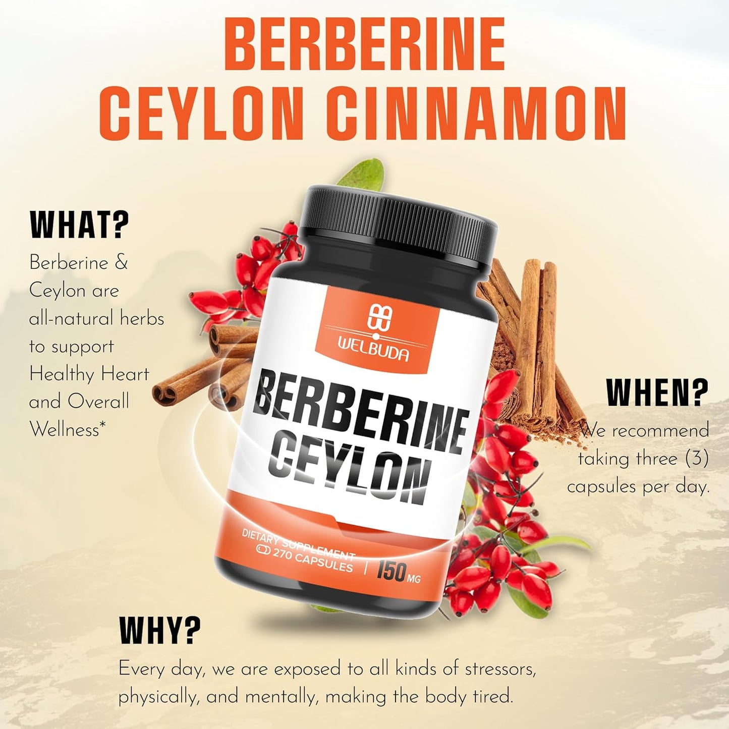 270 Capsules of WELBUDA Berberine & Ceylon Cinnamon Supplement - 1000mg Berberine & 500mg Ceylon Cinnamon - Promotes Circulatory Health, Immune System, Digestion & Body Management