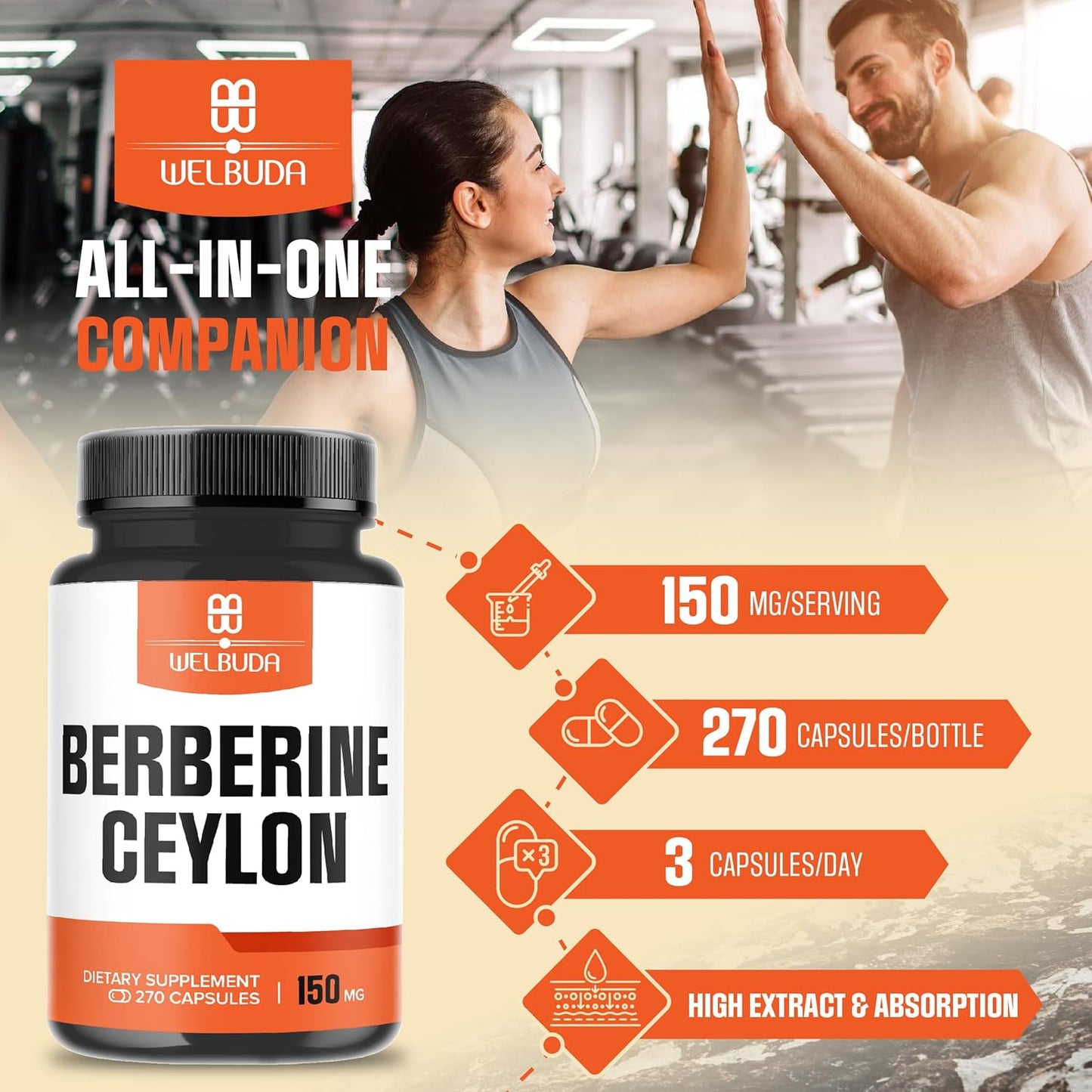 270 Capsules of WELBUDA Berberine & Ceylon Cinnamon Supplement - 1000mg Berberine & 500mg Ceylon Cinnamon - Promotes Circulatory Health, Immune System, Digestion & Body Management