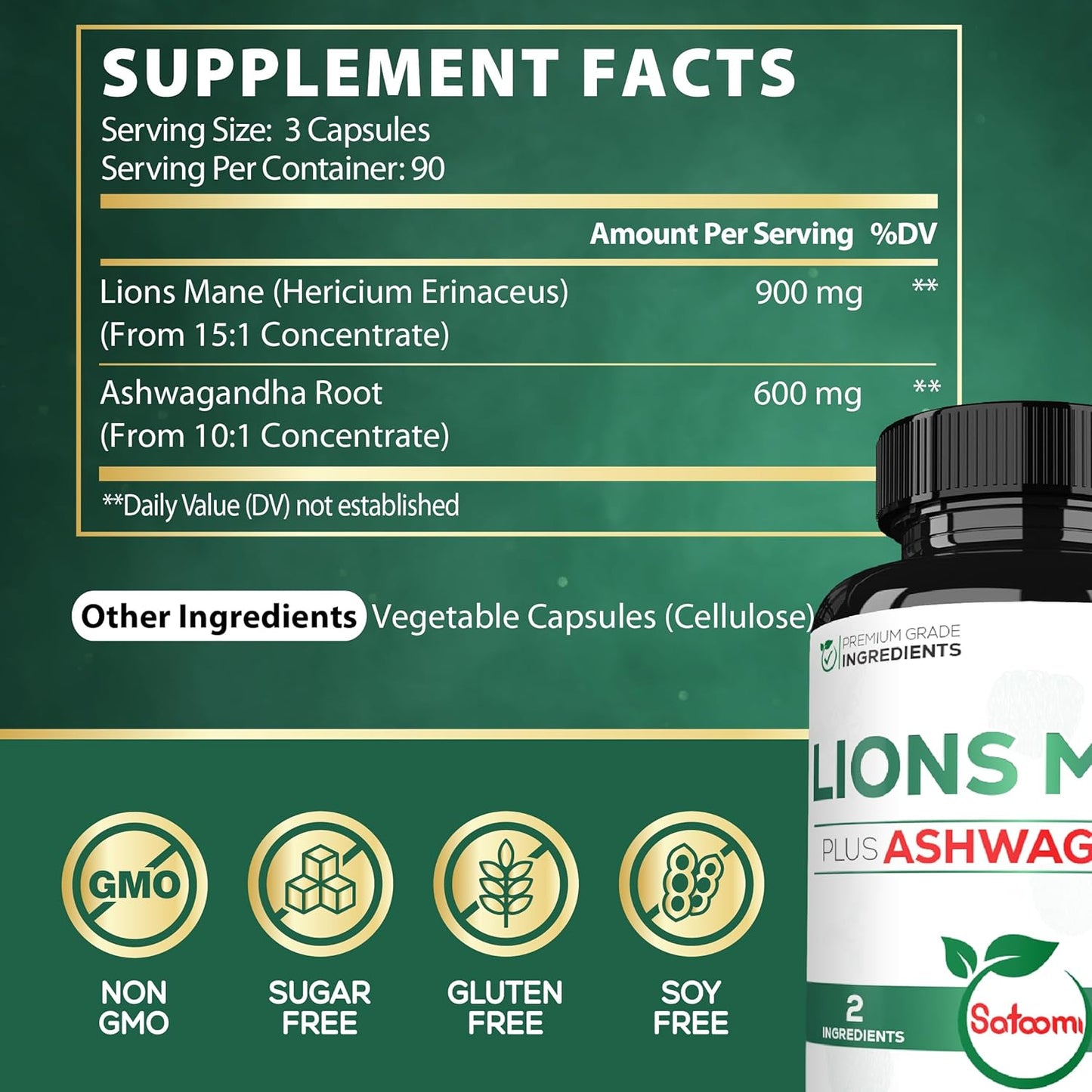 270 High Concentrated Lions Mane and Ashwagandha Capsules for Brain Health, Focus, and Immune Support - Gluten-Free and Non-GMO