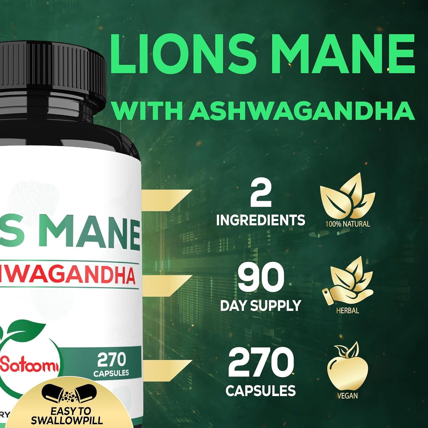270 High Concentrated Lions Mane and Ashwagandha Capsules for Brain Health, Focus, and Immune Support - Gluten-Free and Non-GMO