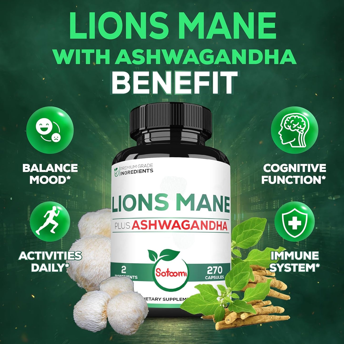 270 High Concentrated Lions Mane and Ashwagandha Capsules for Brain Health, Focus, and Immune Support - Gluten-Free and Non-GMO