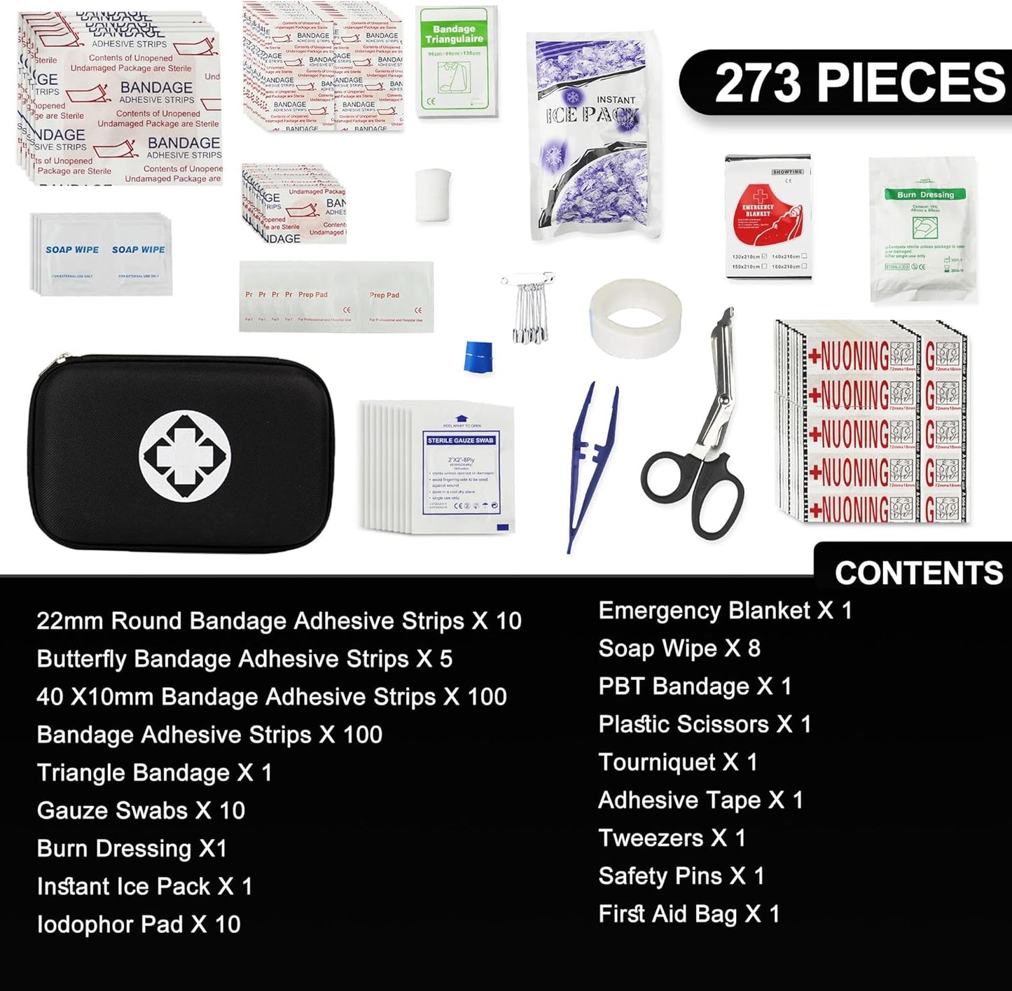 273-Piece Black Car and Home Emergency Survival First Aid Kit - Travel and Camping Supplies by YIDERBO