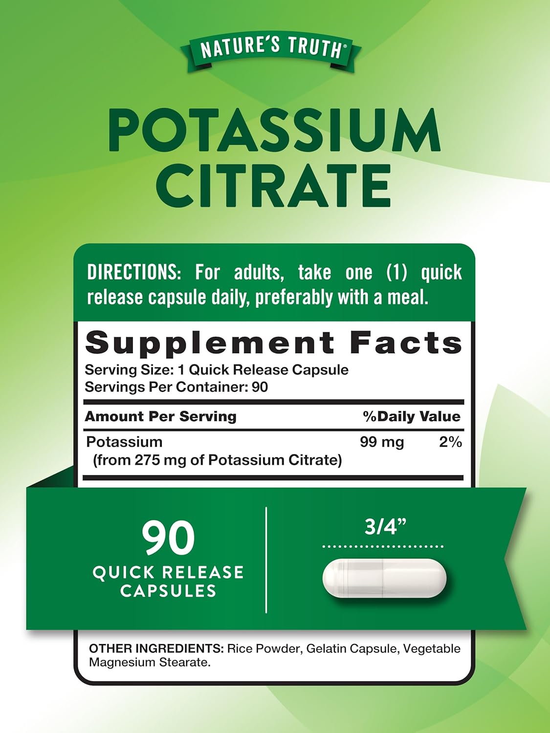 275mg Potassium Citrate Supplement Capsules - 90 Count | Non-GMO & Gluten Free by Nature's Truth