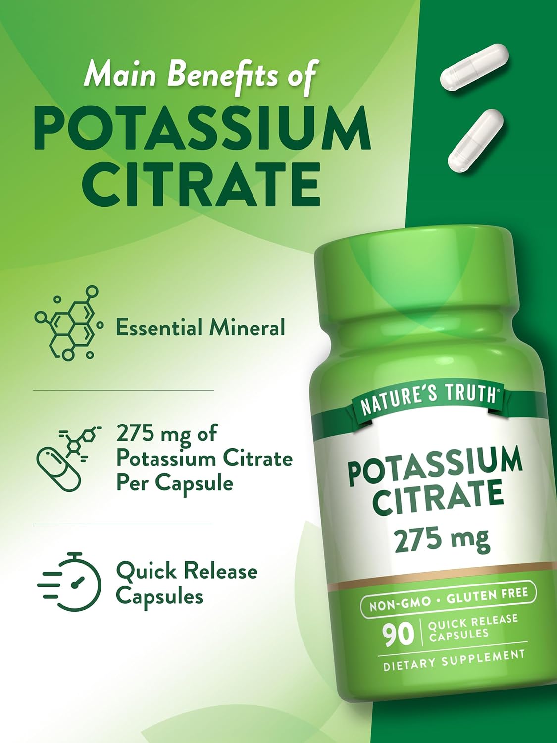 275mg Potassium Citrate Supplement Capsules - 90 Count | Non-GMO & Gluten Free by Nature's Truth