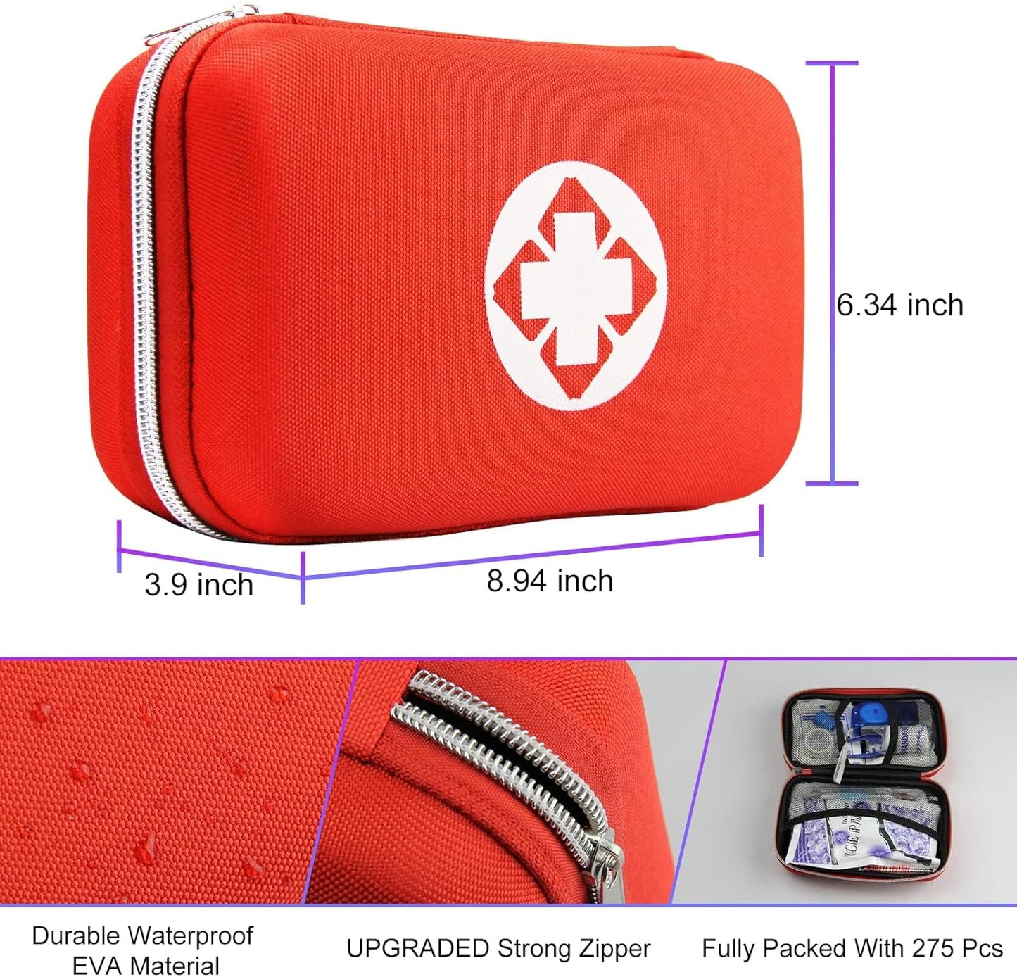 275Pcs Car First Aid Kit for Emergency Survival Gear in Travel Size EVA Backpack - Ideal for Tactical Hiking, Camping, and Office Boat Accidents