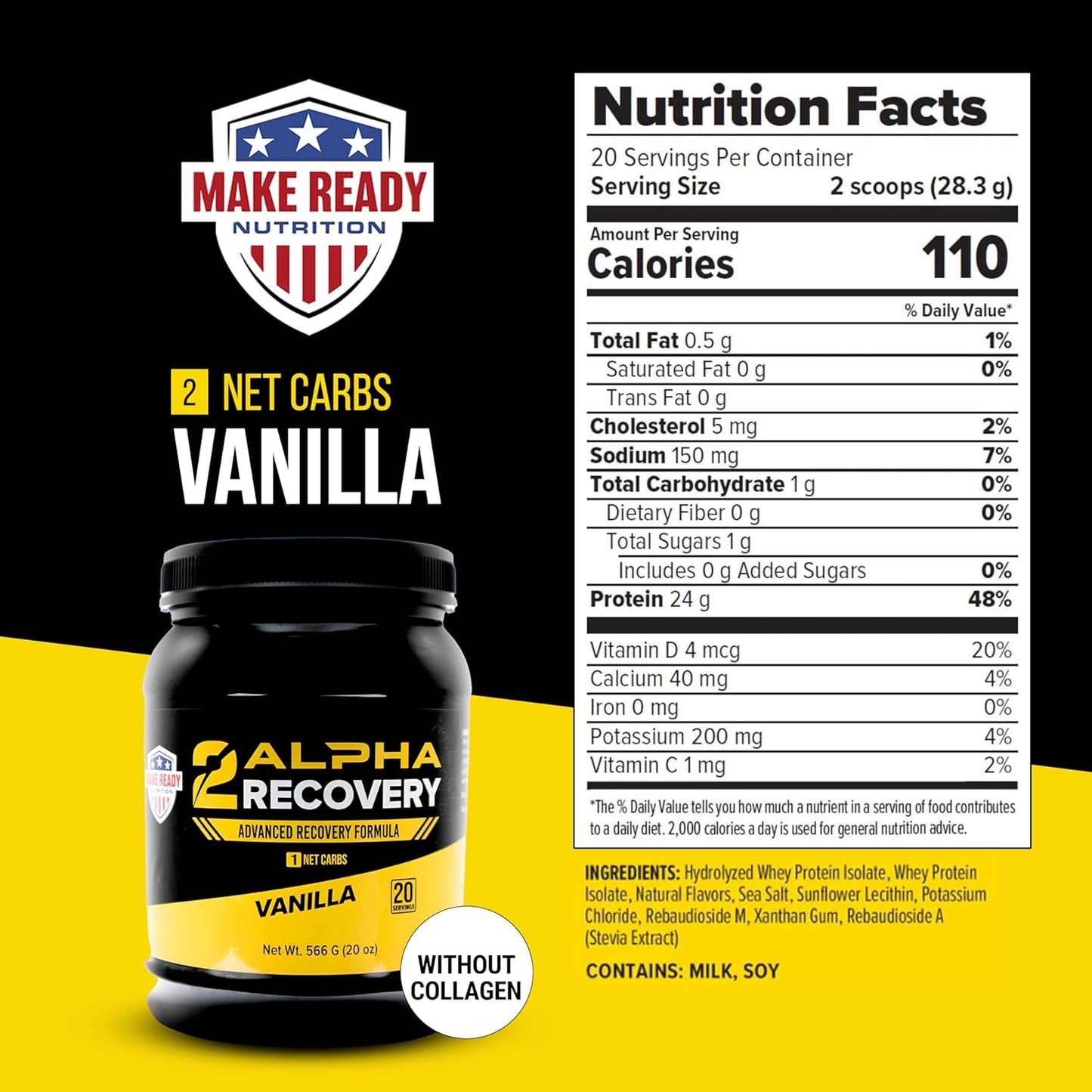 2ALPHA Recovery Vanilla Protein Shake - 25g Protein for Muscle Recovery with Hydrolyzed Whey Isolate and Essential Nutrients - 566g
