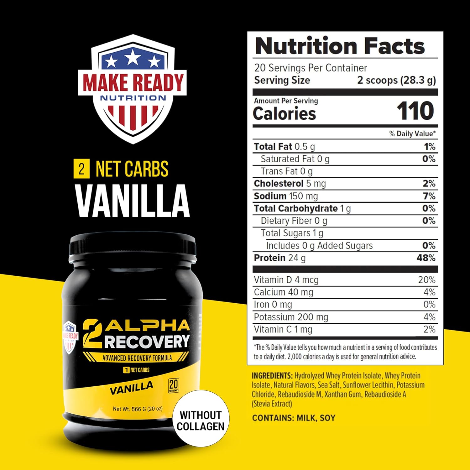 2ALPHA Recovery Vanilla Protein Shake - 25g Protein for Muscle Recovery with Hydrolyzed Whey Isolate and Essential Nutrients - 566g