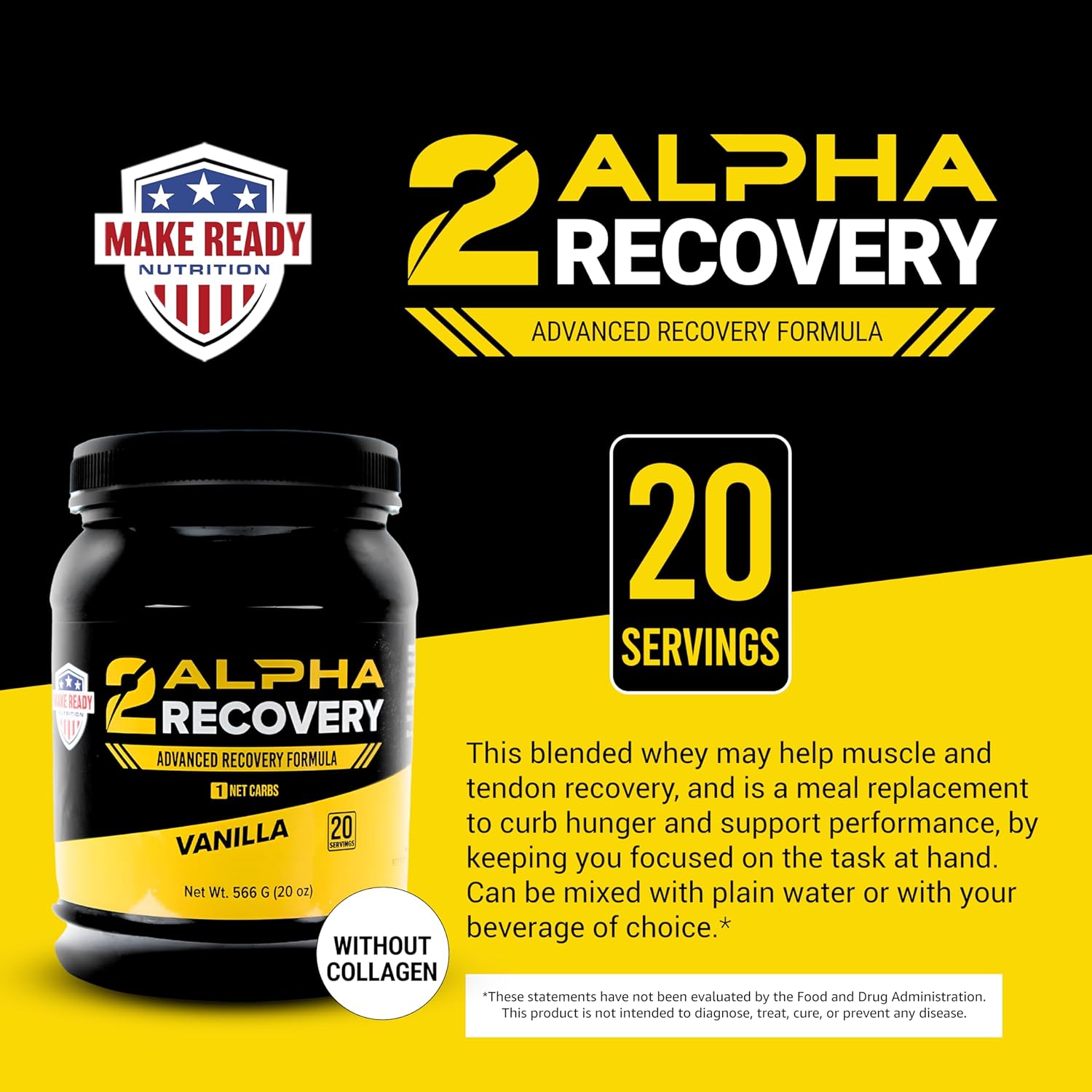 2ALPHA Recovery Vanilla Protein Shake - 25g Protein for Muscle Recovery with Hydrolyzed Whey Isolate and Essential Nutrients - 566g