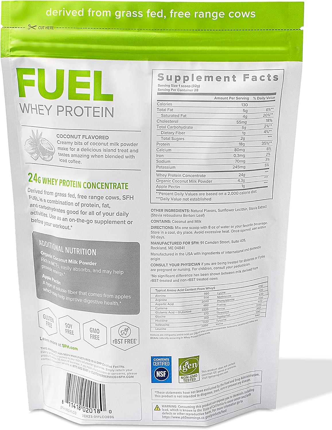 2lb Bag of SFH Fuel Grass Fed Whey Protein Powder with MCTs & Fiber - All Natural, Soy Free, Gluten Free, No RBST, Coconut Flavor
