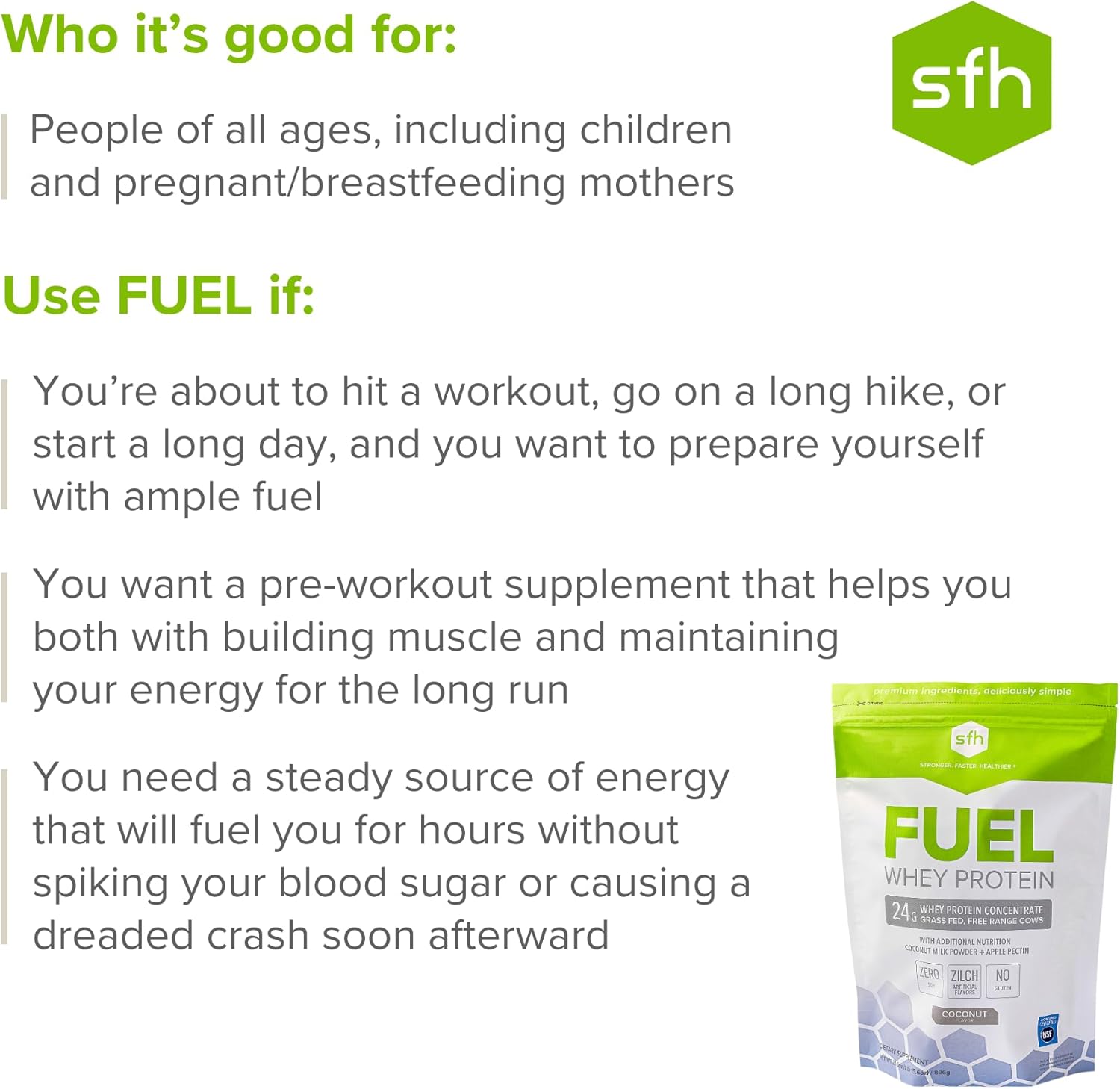 2lb Bag of SFH Fuel Grass Fed Whey Protein Powder with MCTs & Fiber - All Natural, Soy Free, Gluten Free, No RBST, Coconut Flavor