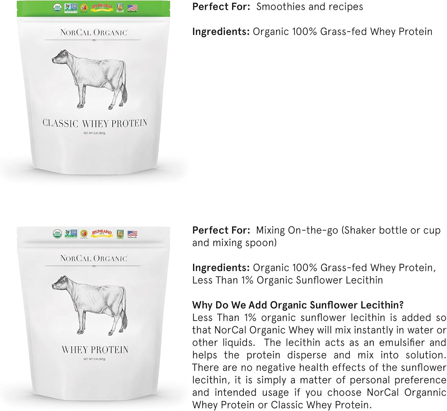2lb Bulk NorCal Organic Grass-Fed Whey Protein Powder - Unflavored | USDA Certified Clean Protein from Family Farms in Northern California
