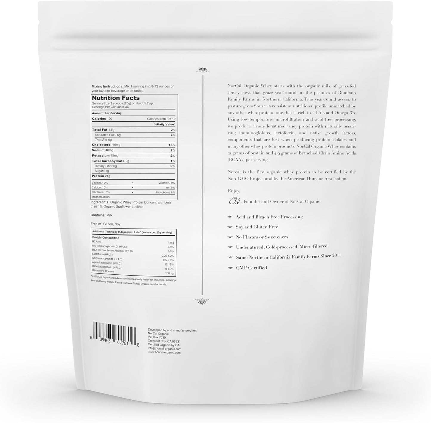 2lb Bulk NorCal Organic Grass-Fed Whey Protein Powder - Unflavored | USDA Certified Clean Protein from Family Farms in Northern California