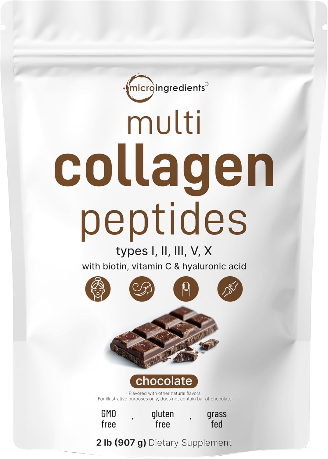 2lb Chocolate Collagen Protein Powder with Biotin, Hyaluronic Acid, Vitamin C - Multi-Type Collagen Peptides - Keto & Paleo Friendly, Easy Dissolve