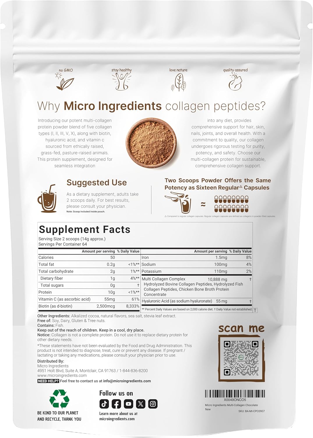 2lb Chocolate Collagen Protein Powder with Biotin, Hyaluronic Acid, Vitamin C - Multi-Type Collagen Peptides - Keto & Paleo Friendly, Easy Dissolve