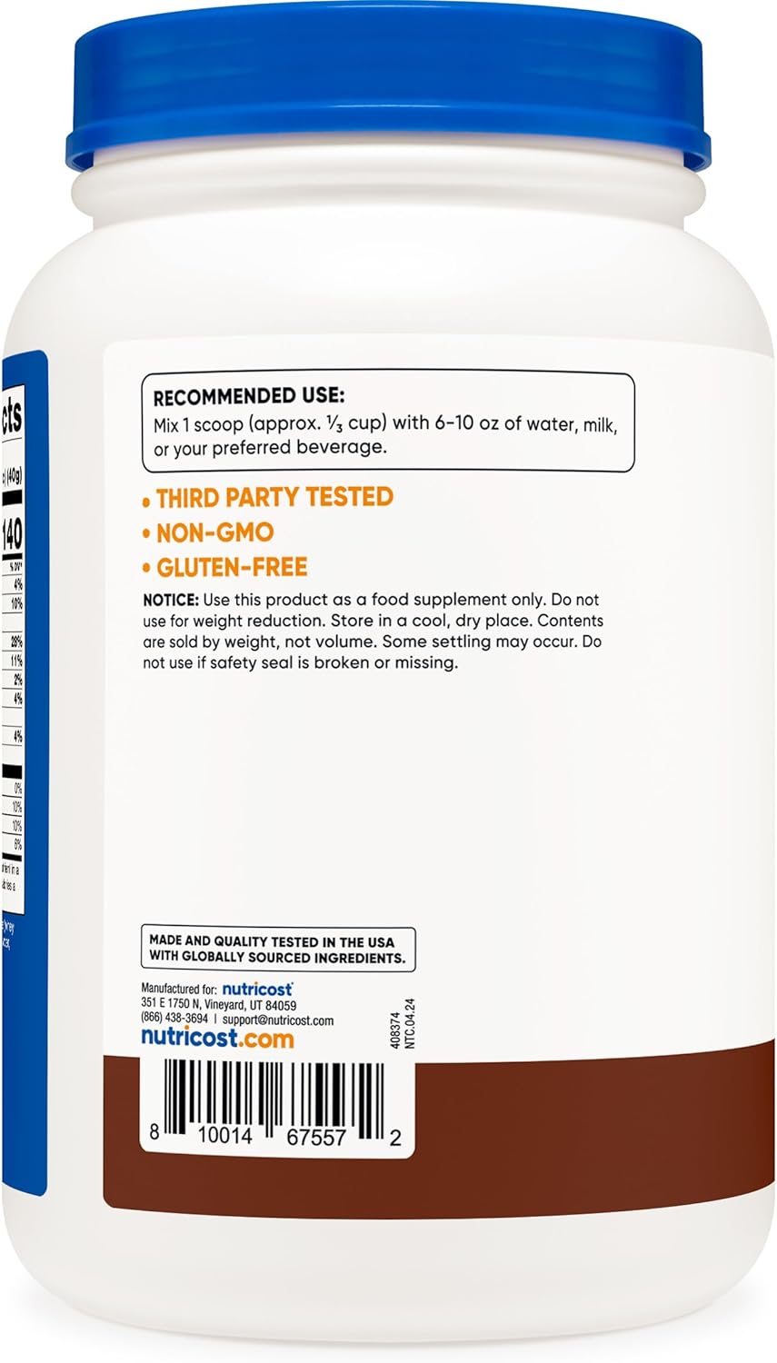 2LB Chocolate Grass-Fed Whey Protein Concentrate by Nutricost - Undenatured, Non-GMO, Gluten Free, Natural Flavors