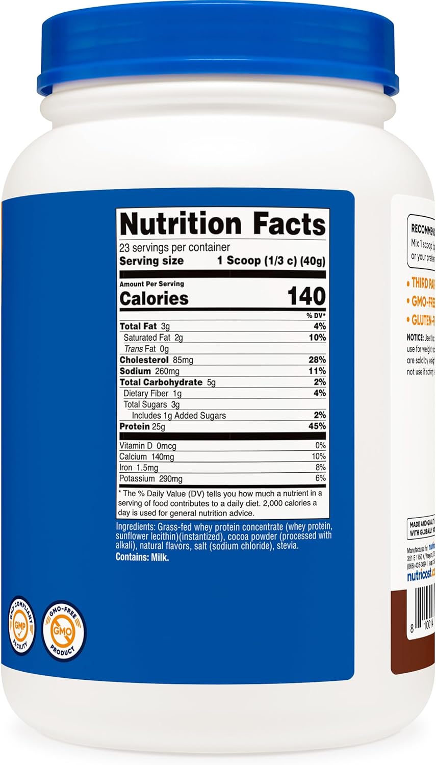 2LB Chocolate Grass-Fed Whey Protein Concentrate by Nutricost - Undenatured, Non-GMO, Gluten Free, Natural Flavors