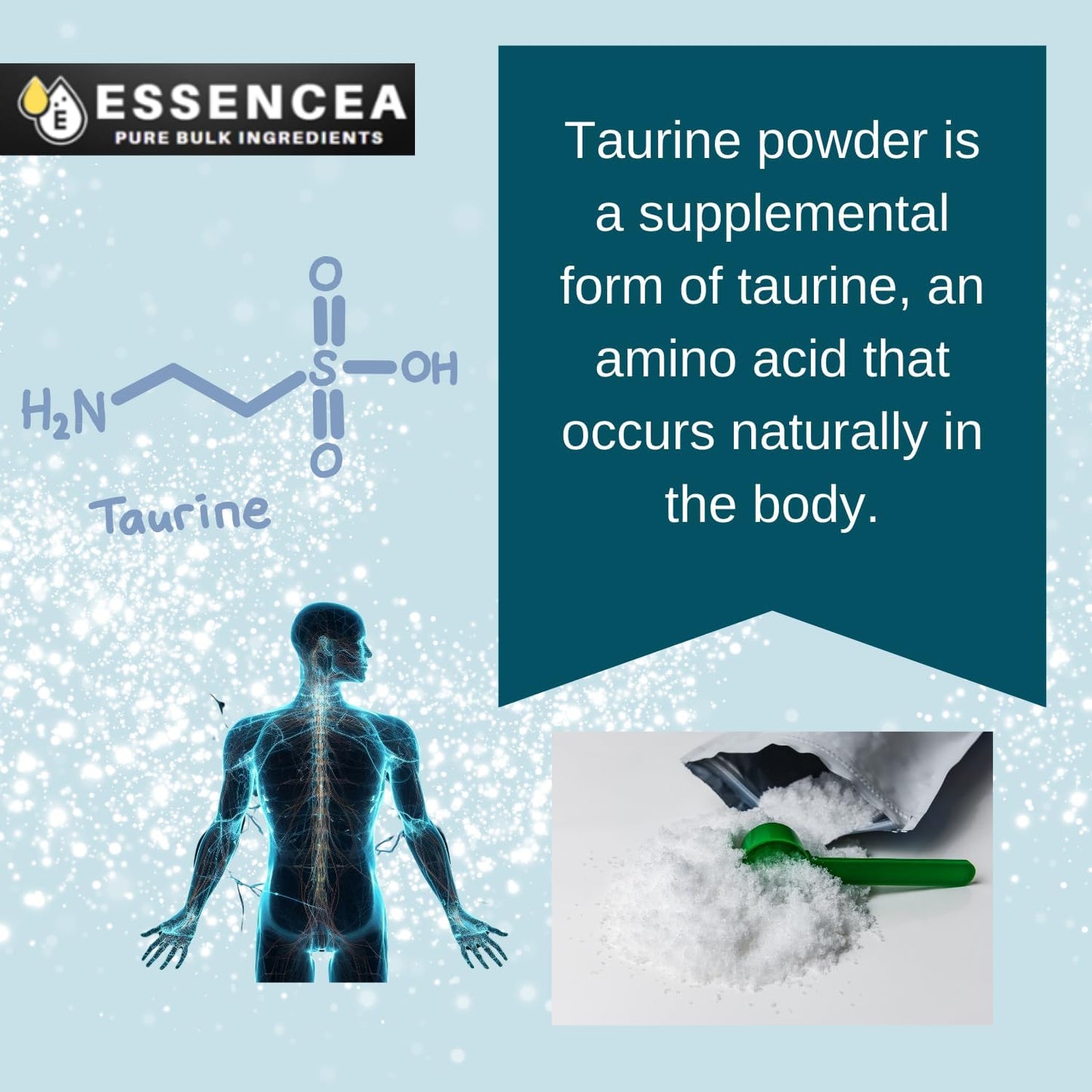 2lb Essencea Taurine Powder - Pure Bulk Ingredients - Premium Quality Supplement - 100% Taurine Powder - 32 Ounces