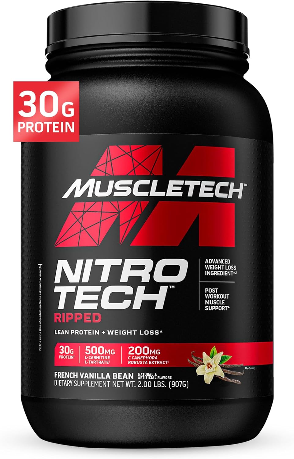 2LB Muscletech Nitro-Tech Ripped Whey Protein Isolate & Peptides Smoothie Mix - French Vanilla Bean Flavor for Fast Recovery & Lean Muscle - 30g Whey Protein Powder for Men & Women