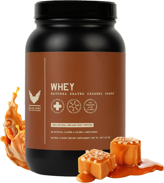 2lb Natural Salted Caramel Whey Protein Powder - 24g Protein, Sweetened with Stevia, Ultra-Filtered, Non-GMO, Digestive Enzymes, Made in USA