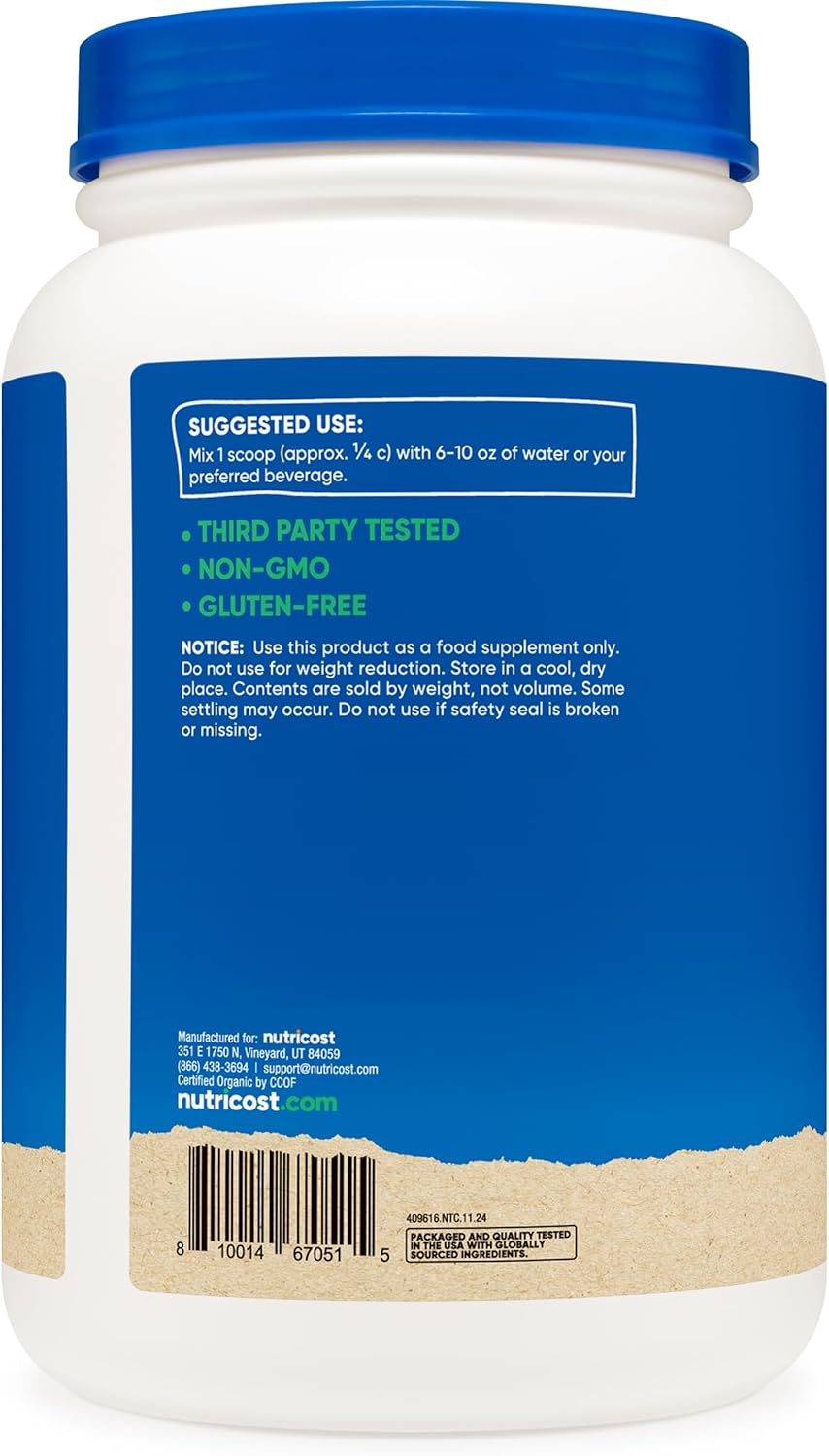 2LB Nutricost Organic Pea Protein Isolate Powder - Unflavored, USDA Certified, Plant-Based Protein, Vegetarian, Gluten-Free, Non-GMO