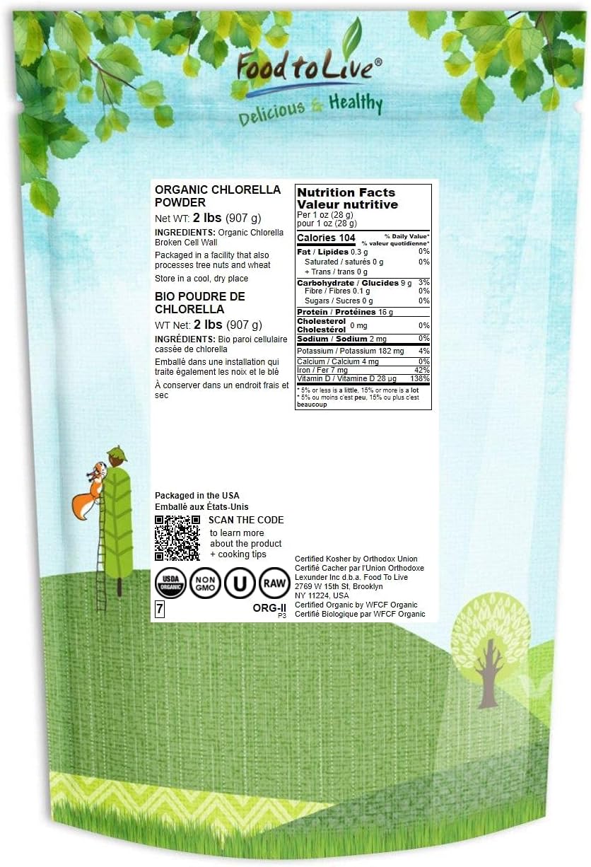 2lb Organic Chlorella Powder - Non-GMO, Kosher, Raw Green Algae, Vegan Superfood - Rich in Vitamins & Minerals - Great for Drinks - Broken Cell Wall - Pure Vegan Protein