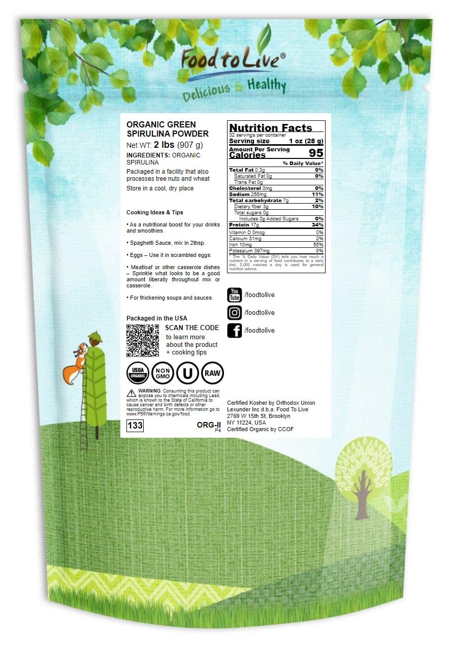 2lb Organic Spirulina Powder - Non-GMO, Kosher, Raw Blue-Green Algae, Vegan Superfood - Pure Green Protein, Rich in Vitamins & Minerals - Great for Drinks - Bulk Size