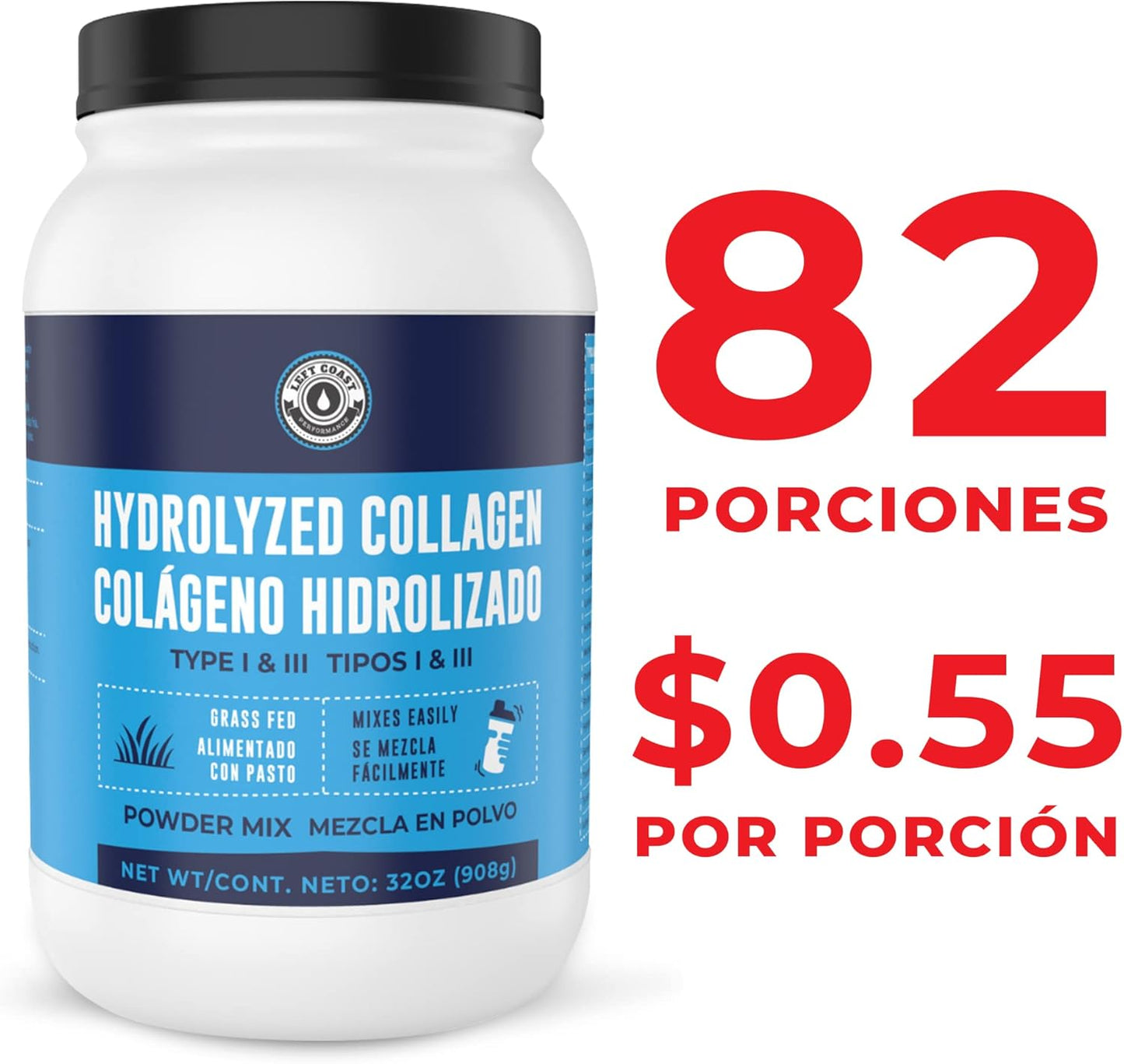 2lb Polvo de Colágeno Hidrolizado para Mujeres y Hombres - Péptidos Tipo I & III - Sin Sabor - Alimentado con Pasto - Apoya Articulaciones, Piel, Cabello y Uñas - Mejor Valor