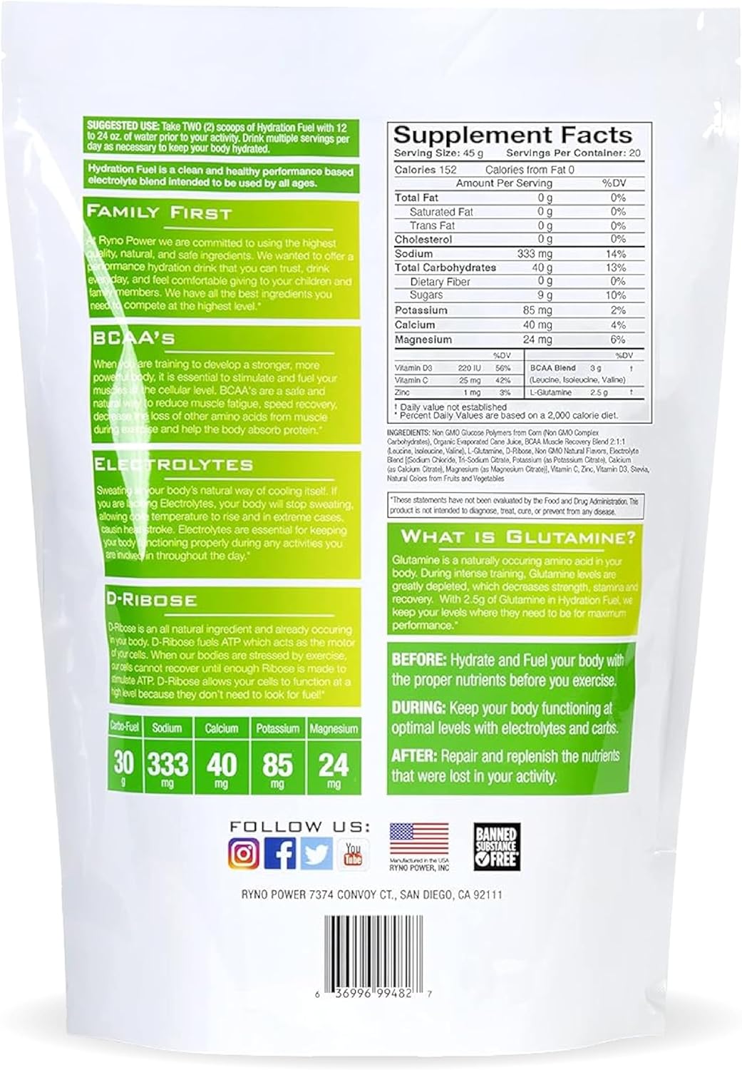 2lb Ryno Power Hydration Fuel Electrolyte Drink Mix: Lemon Lime Flavor, Gluten Free, BCAA's, Sustained Energy & Muscle Recovery - 20 Servings