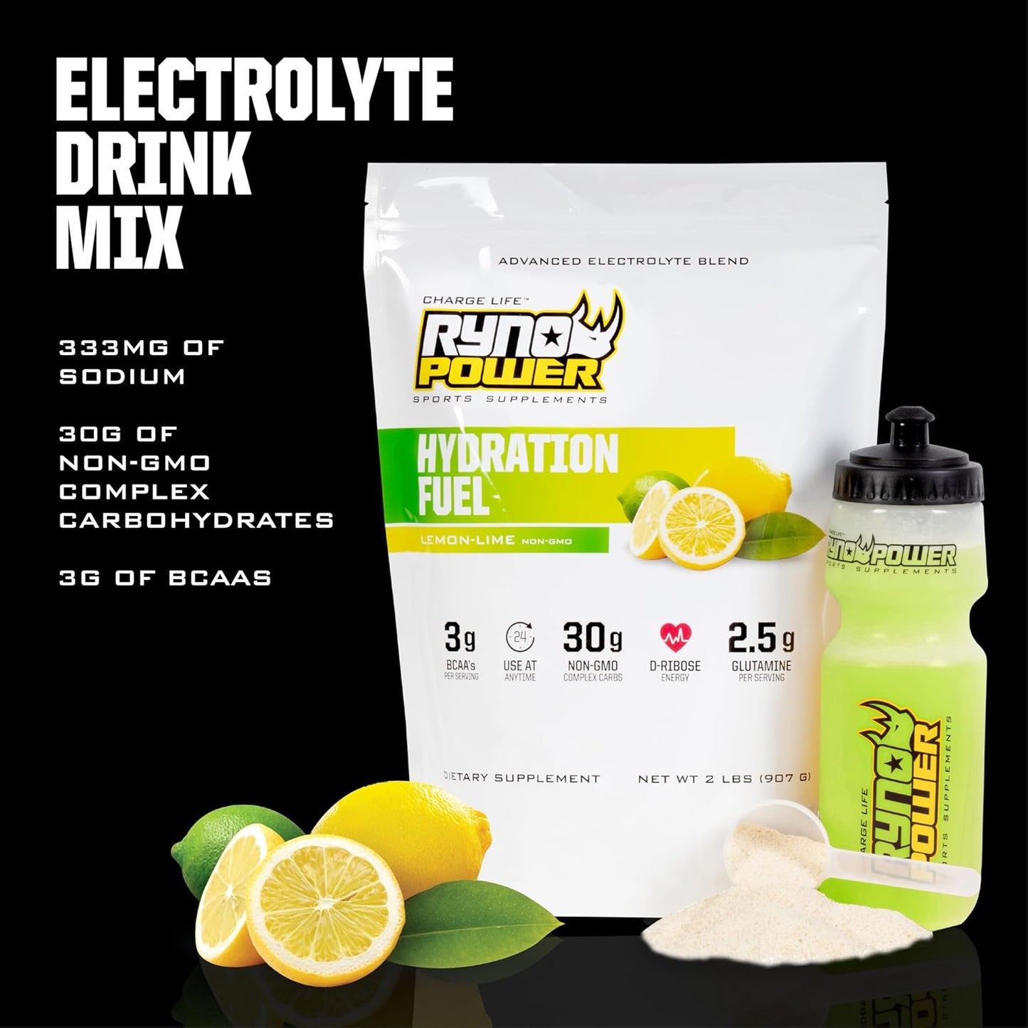 2lb Ryno Power Hydration Fuel Electrolyte Drink Mix: Lemon Lime Flavor, Gluten Free, BCAA's, Sustained Energy & Muscle Recovery - 20 Servings