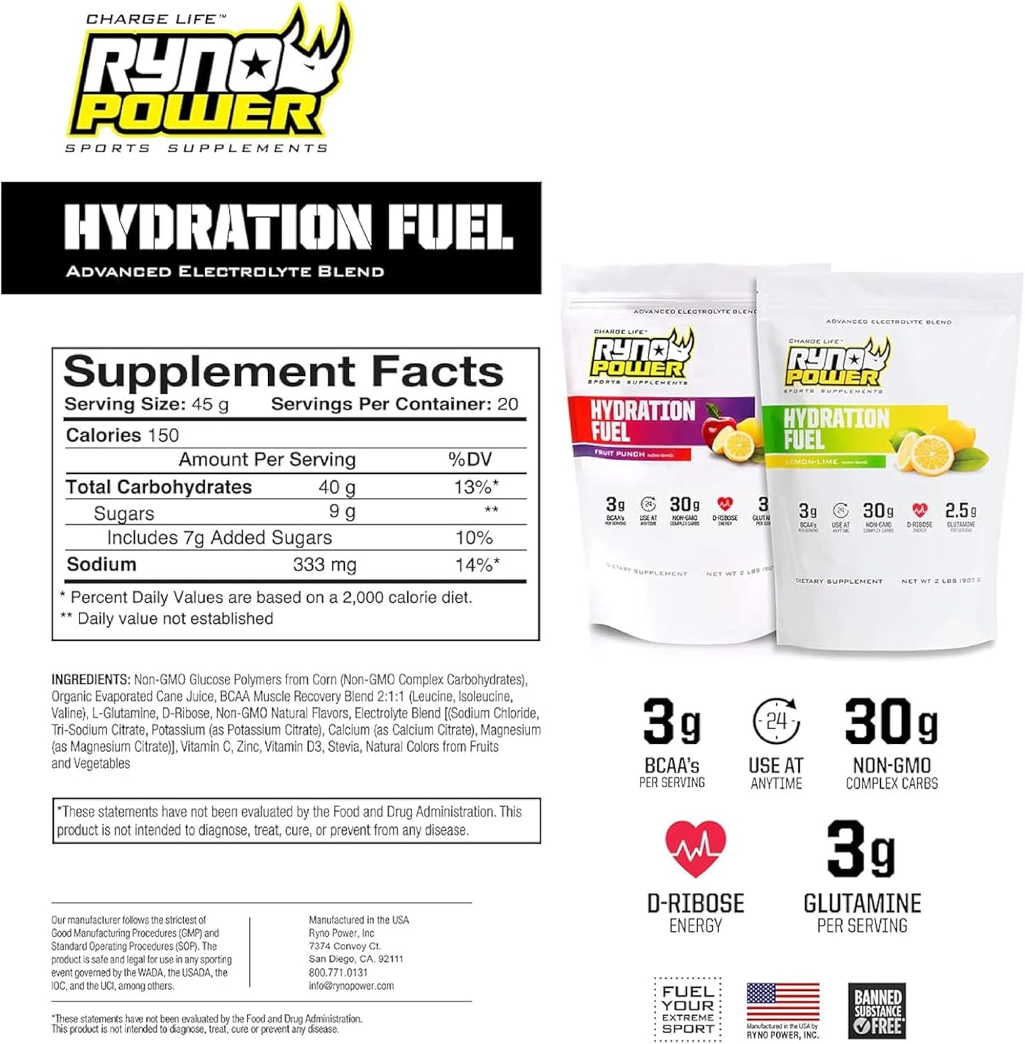 2lb Ryno Power Hydration Fuel Electrolyte Drink Mix: Lemon Lime Flavor, Gluten Free, BCAA's, Sustained Energy & Muscle Recovery - 20 Servings
