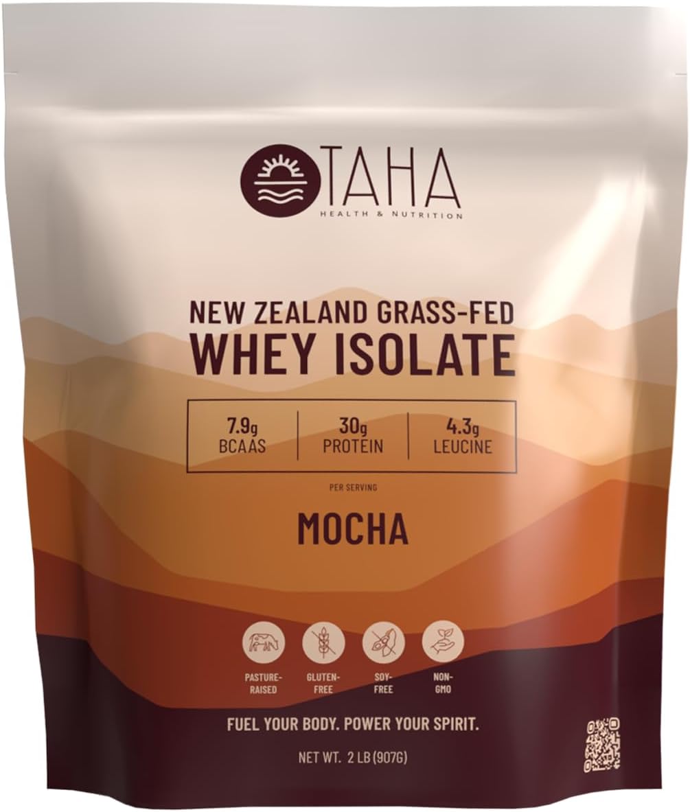 2LB Taha Health & Nutrition Mocha Whey Protein Isolate Powder with 30g Protein, 7.9g BCAAs, and 4.3g Leucine - Gluten-Free, Keto, Kosher - 24 Servings
