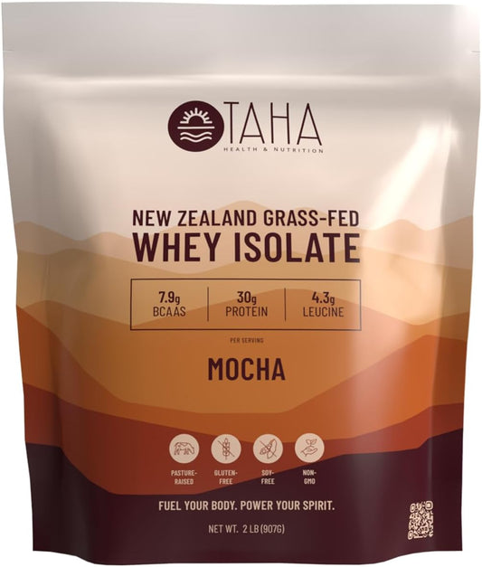 2LB Taha Health & Nutrition Mocha Whey Protein Isolate Powder with 30g Protein, 7.9g BCAAs, and 4.3g Leucine - Gluten-Free, Keto, Kosher - 24 Servings