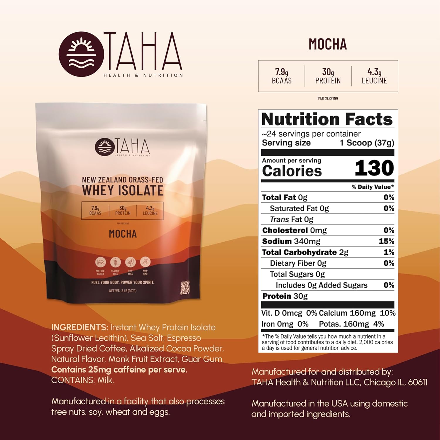 2LB Taha Health & Nutrition Mocha Whey Protein Isolate Powder with 30g Protein, 7.9g BCAAs, and 4.3g Leucine - Gluten-Free, Keto, Kosher - 24 Servings