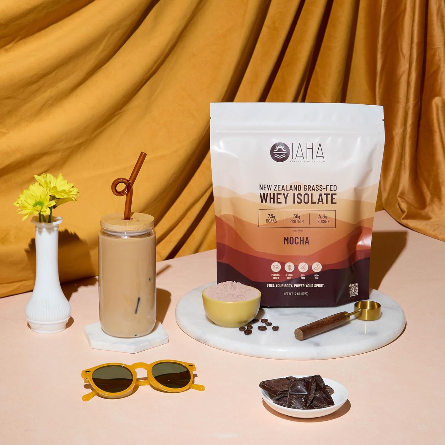 2LB Taha Health & Nutrition Mocha Whey Protein Isolate Powder with 30g Protein, 7.9g BCAAs, and 4.3g Leucine - Gluten-Free, Keto, Kosher - 24 Servings