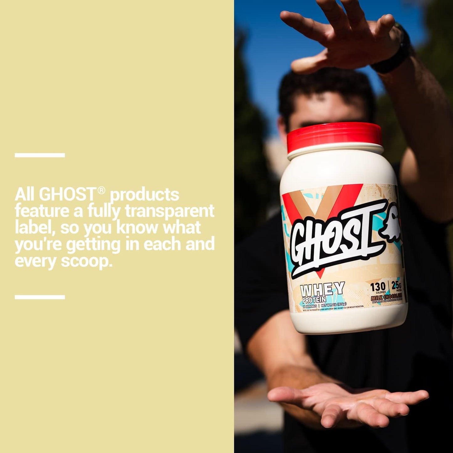 2LB Tub of GHOST Whey Protein Powder, Milk Chocolate Flavor - 25G Protein Blend for Post Workout Shakes - Soy & Gluten Free