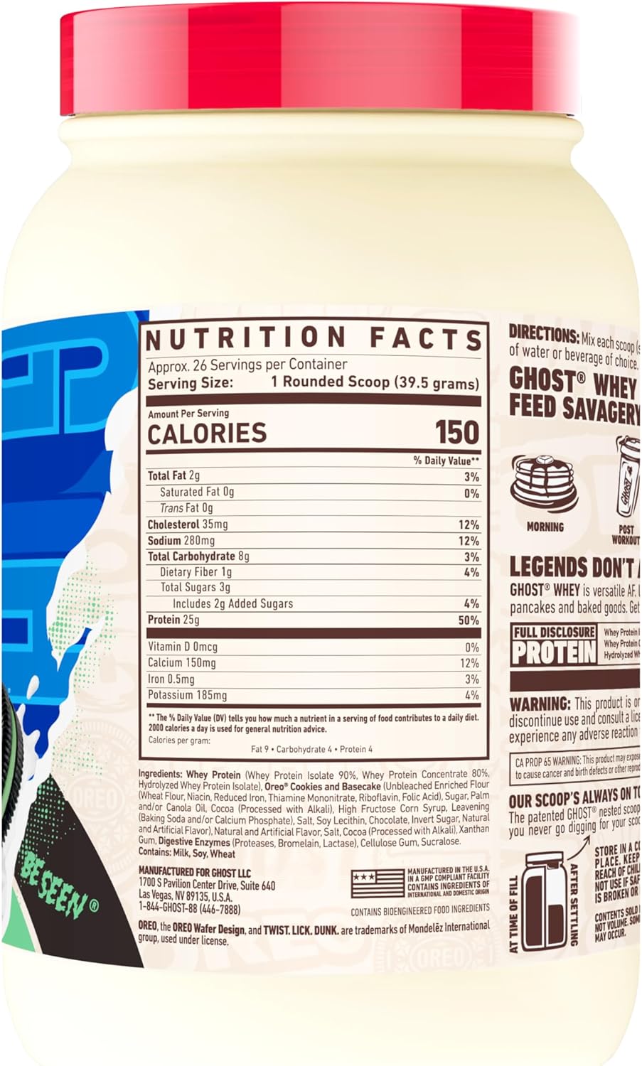 2LB Tub of GHOST Whey Protein Powder, Oreo Mint Flavor - 25G Protein, Cookies & Cream Blend for Post Workout Shakes