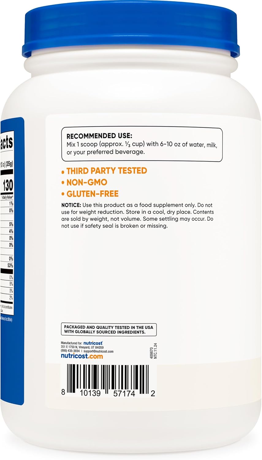 2LB Unflavored Nutricost Whey Protein Isolate Supplement