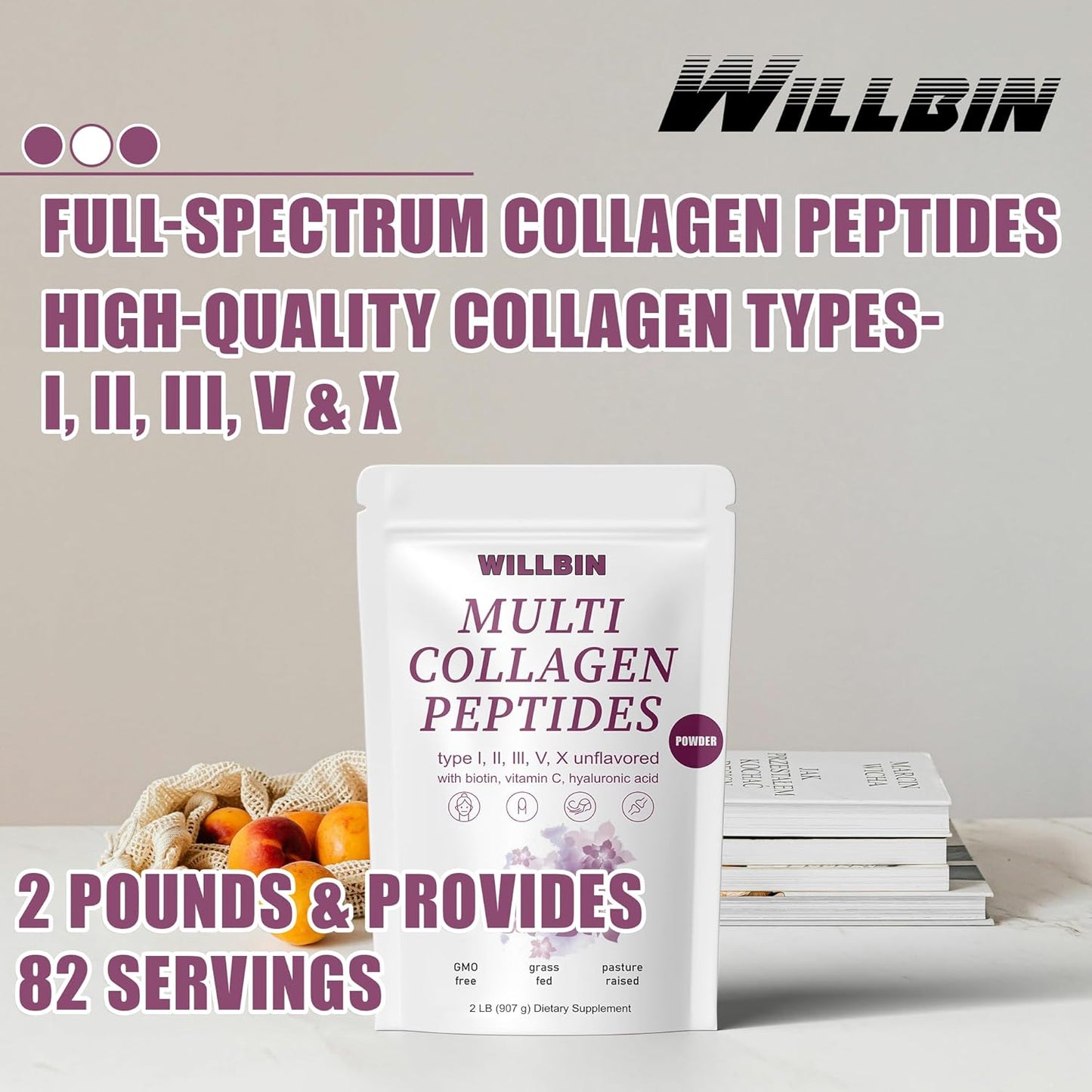 2lb Willbin Multi Collagen Peptides Powder - Type I, II, III, V, X with Biotin - Unflavored - 80 Servings - Non GMO Hydrolyzed Powder for Men & Women - BoostGo Australia