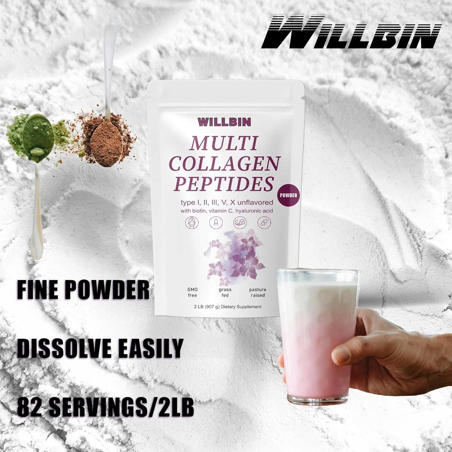 2lb Willbin Multi Collagen Peptides Powder - Type I, II, III, V, X with Biotin - Unflavored - 80 Servings - Non GMO Hydrolyzed Powder for Men & Women - BoostGo Australia
