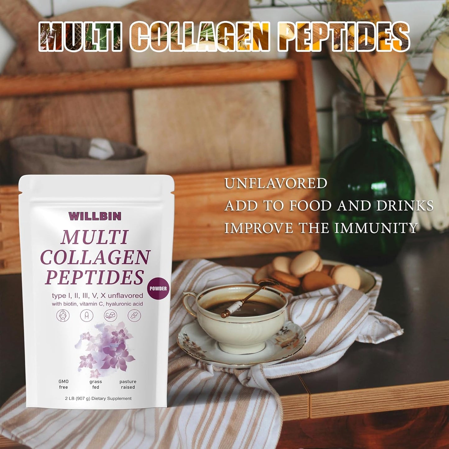 2lb Willbin Multi Collagen Peptides Powder - Type I, II, III, V, X with Biotin - Unflavored - 80 Servings - Non GMO Hydrolyzed Powder for Men & Women - BoostGo Australia