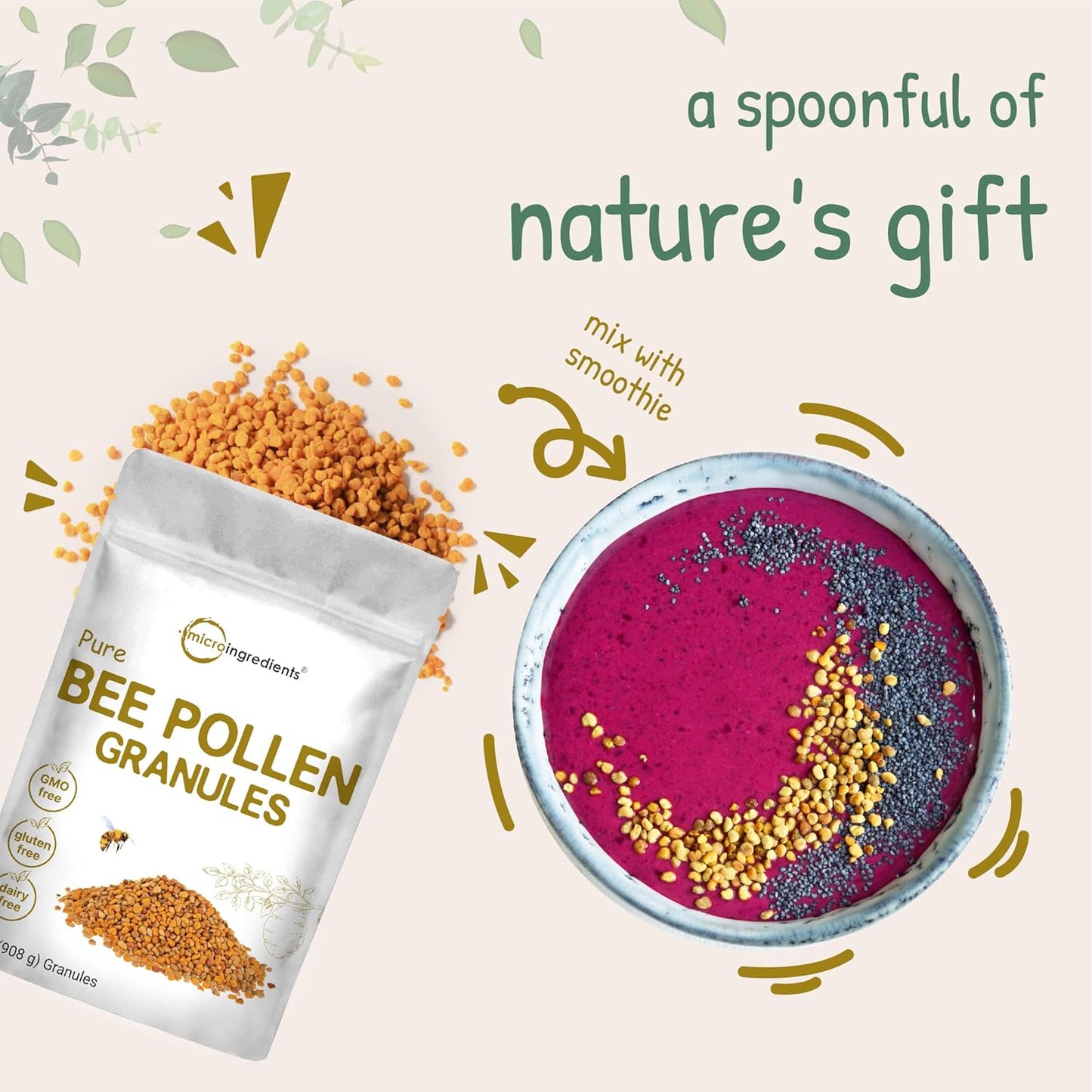 2lbs Fresh Harvest Bee Pollen Granules - Pure, Natural Superfood with B Vitamins, Minerals, Protein, Antioxidants - Keto, Non-GMO