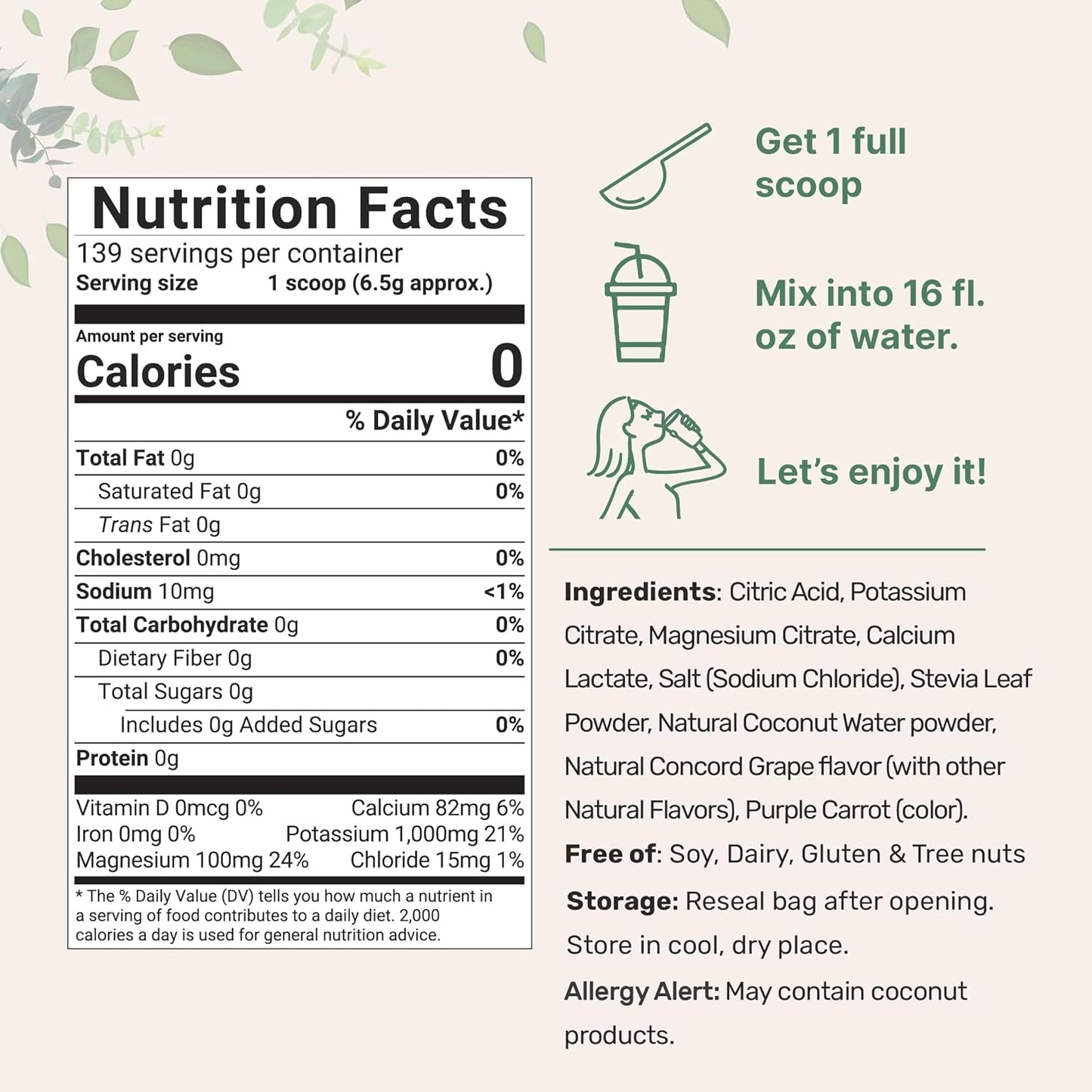 2lbs Hydration Electrolyte Powder with High Potassium (1,000mg) - 139 Servings, Keto Friendly, No Sugar, Sweet Concord Grape Flavor, Natural Coconut Water - Non-GMO - Micro Ingredients